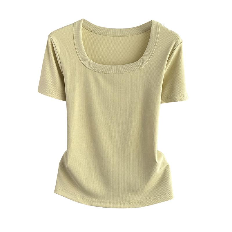 Plus Size Women Square Neck Short Sleeve Tee Ribbed Standard Shoulder Slim Summer Top