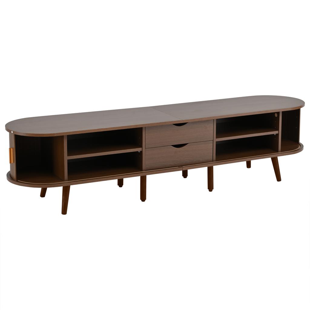 170 x 40 x 42 cm Szafka RTV do salonu z miejscem do przechowywania + Okrągły blat, Drewno MDF z wzorem słojów, 2 szuflady, Drzwi teleskopowe, Orzech, Odpowiednia dla 75 cali