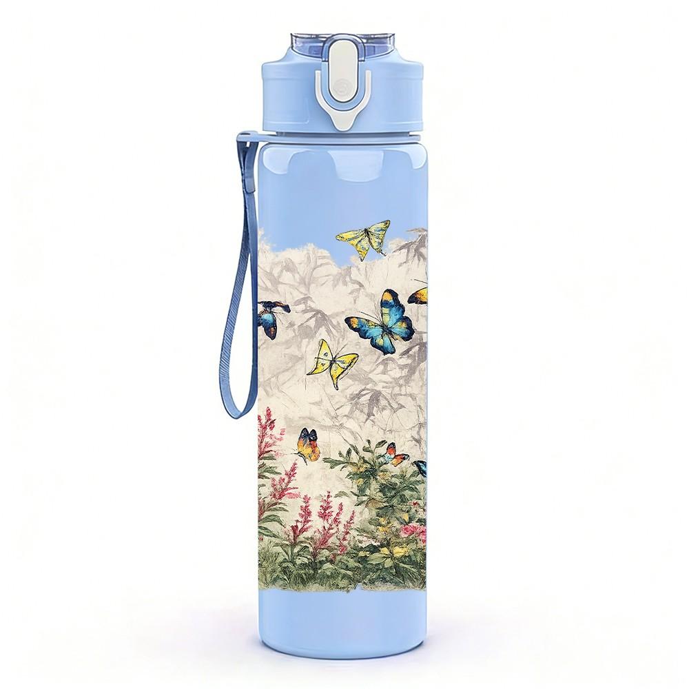 1PC Light Pastel Meadow Wildflower Print 750ml Color Plastic Sports Water Bottle Leakproof Flip Straw Lid Suitable for Sports Office Home Use