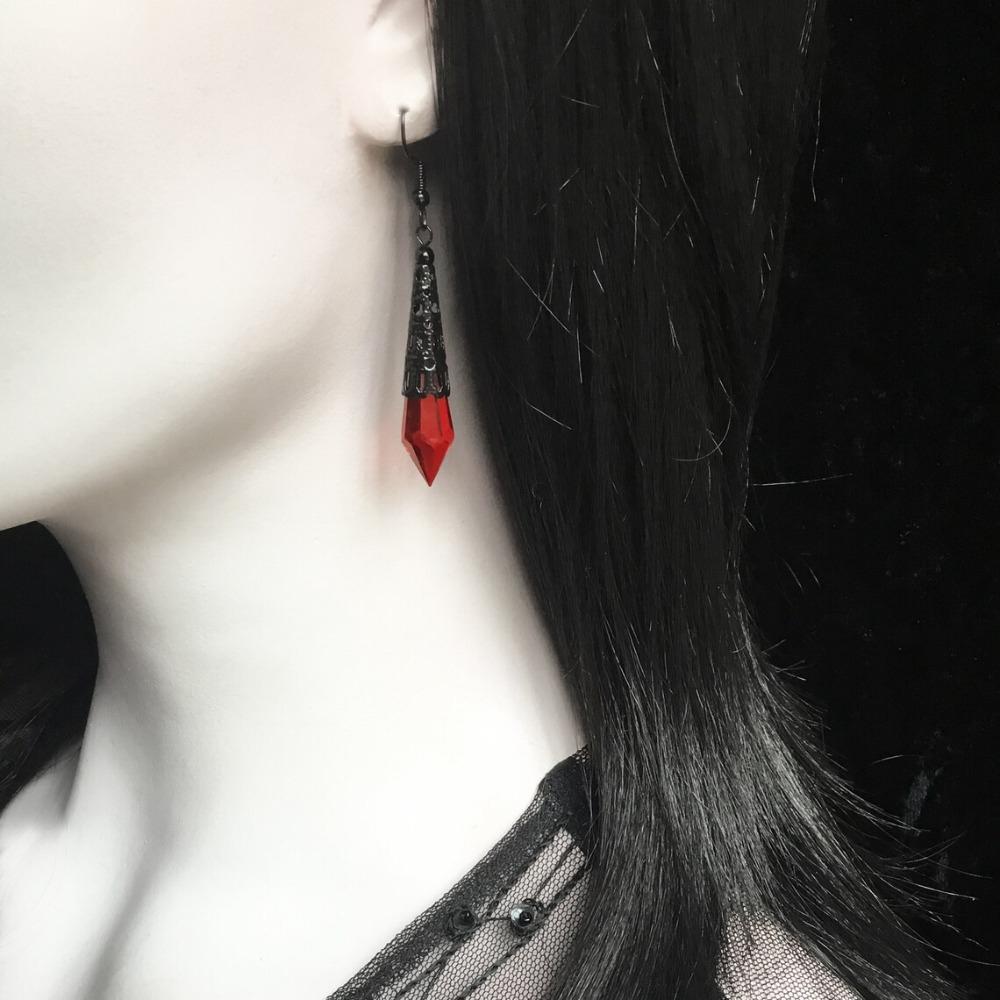 Victoria Gothic Long Conical Shape Red Teardrop Glass Crystal Pendant Dangle Earrings for Women Halloween Party Jewelry Gifts