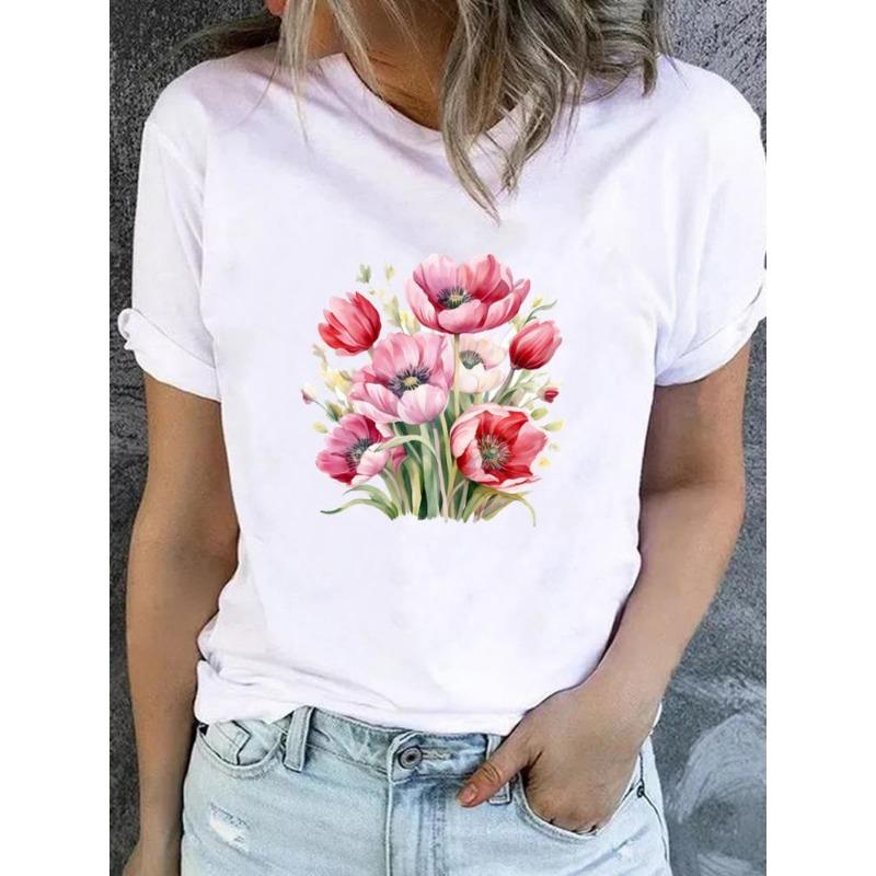 Cute Floral Print T-shirt Ladies Fashion Short-sleeved Clothing Casual Loose Top