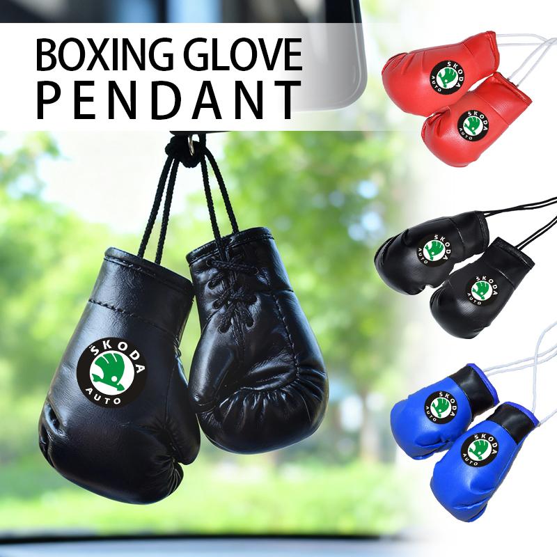 DROQ8 For Skoda Car Badge Boxing Gloves Keychain Hanging Rearview Mirror Decoration Pendant Accessories Kamiq MK3 Roomster Rapid