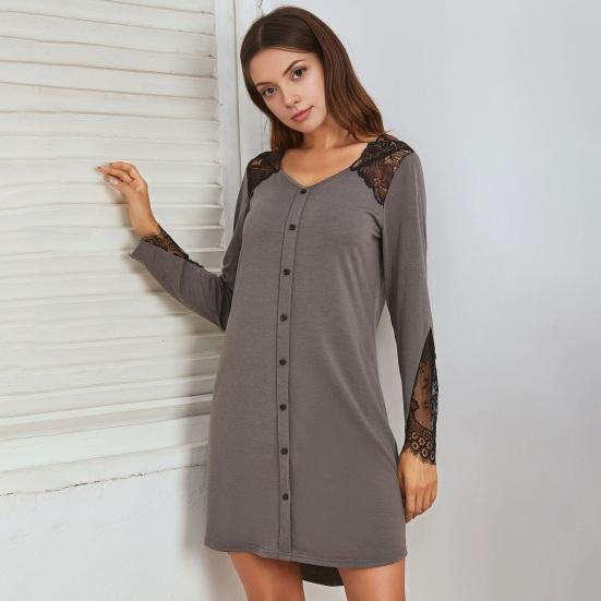 Long Sleeve Nightgowns for Women V Neck Lace Patchwork Nightshirts Fake Placket Button Down Mini Nightdress