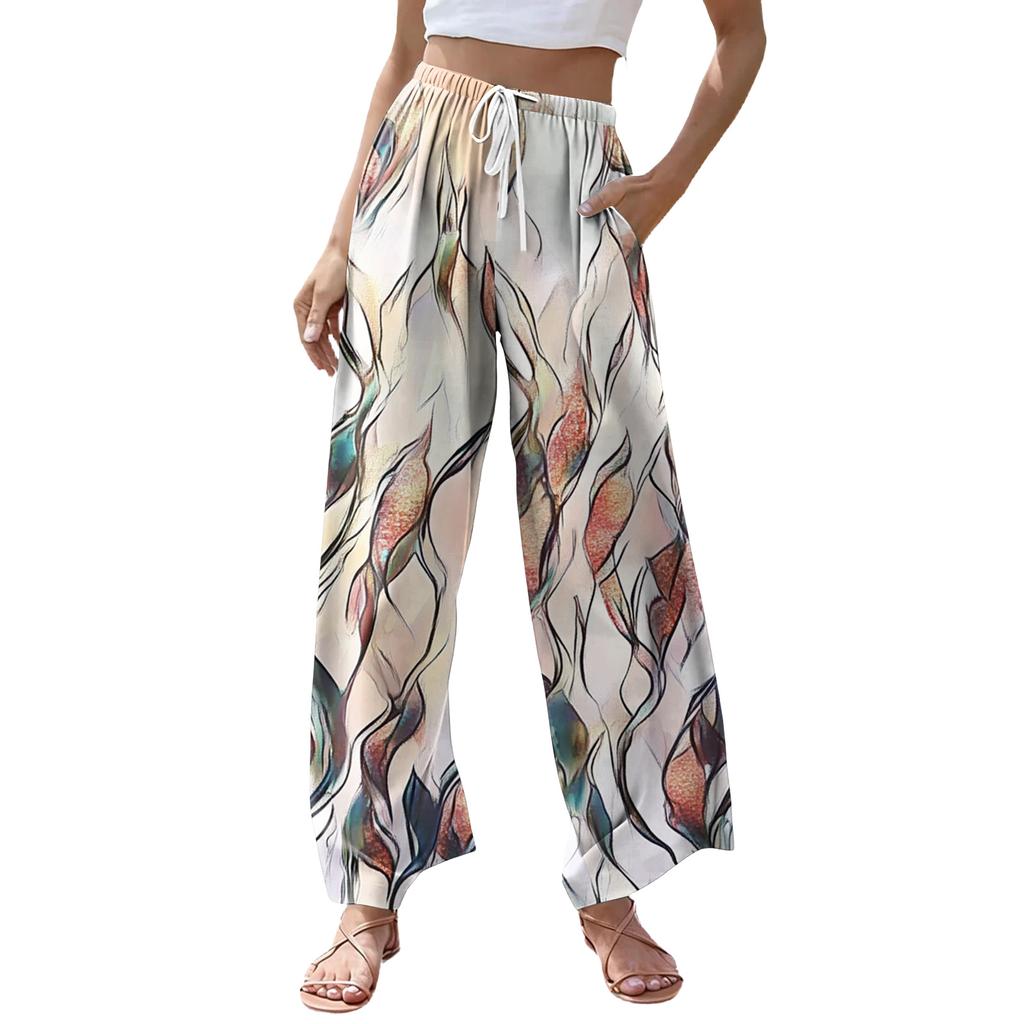 Women's Casual Retro Floral Print Wide Leg Drawstring Pocket Beach Casual Pants
