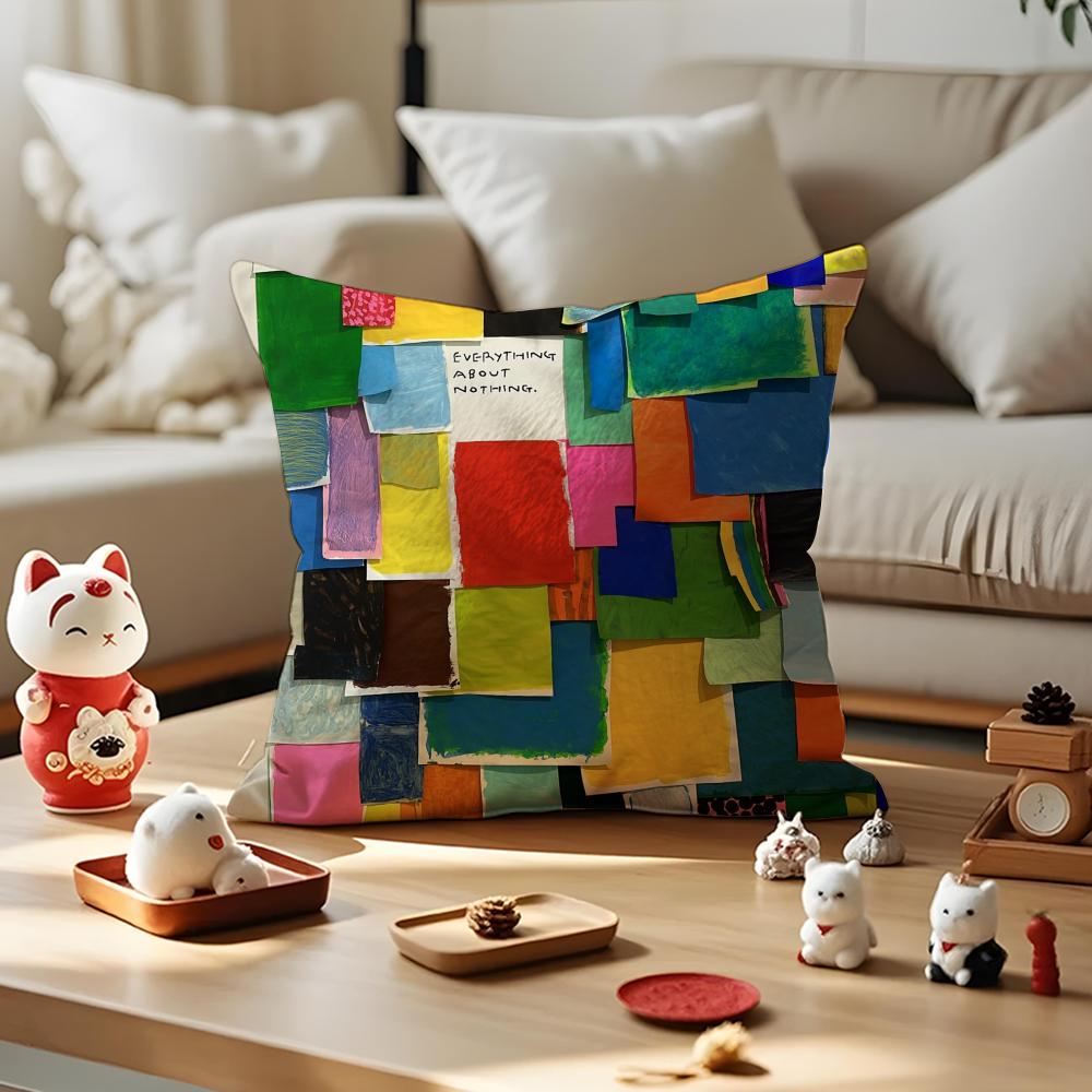 Color Blocking Art Cushion Cover Anti-dustmite Pillowcase Invisible Zipper Silky Short Plush Sofa Cushion Cover