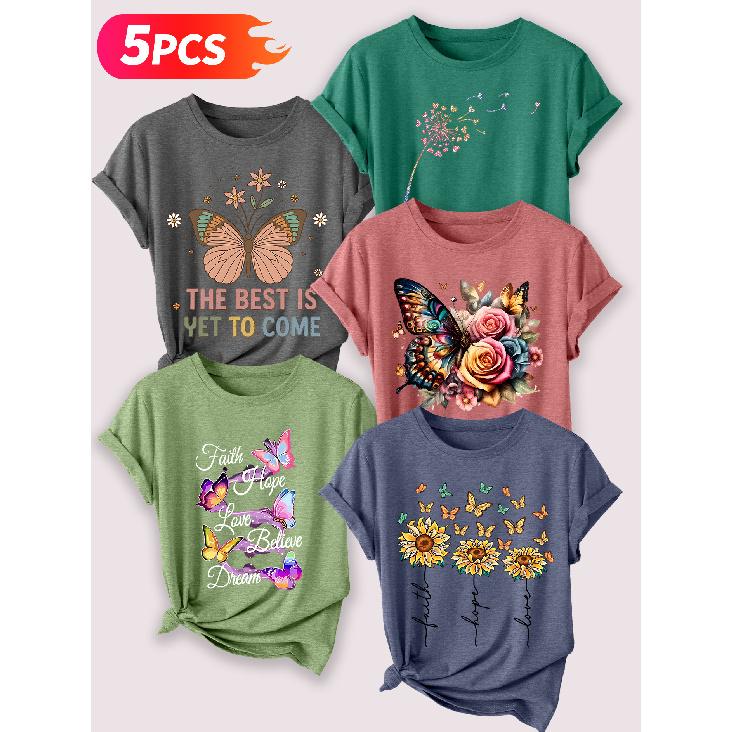 Follow a specific direction Five-piece set for women T T-shirt with butterfly inspirational print Summer casual wear Short-sleeved shirt for work