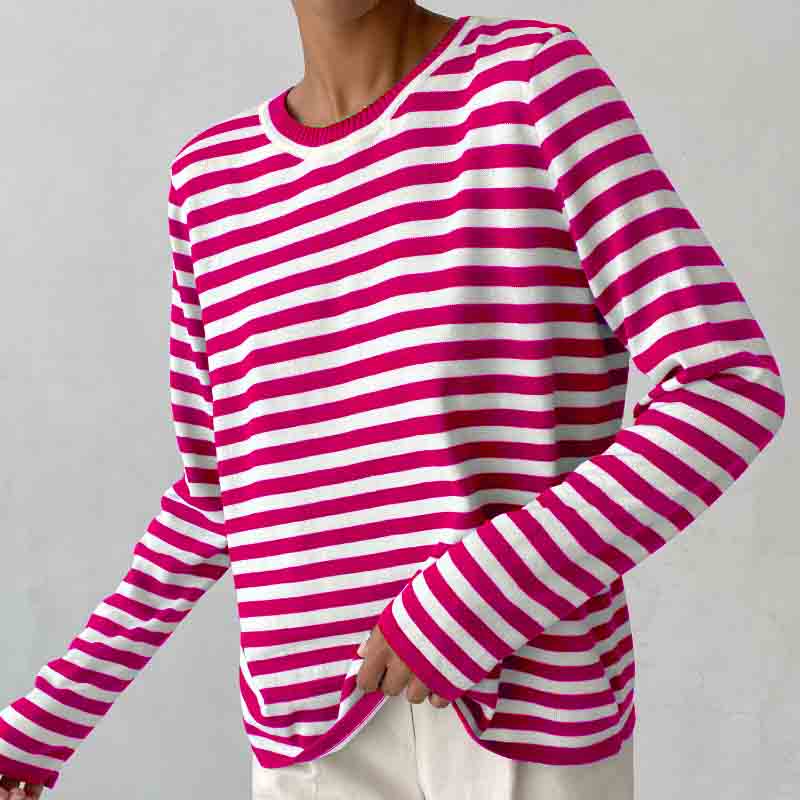 Women Striped Sweater Fashion Versatile Round Neck Long Sleeve Casual Knitted Pullover Tops