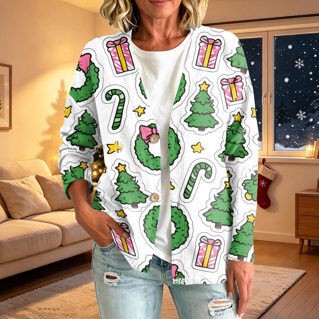Women's Casual Button-Front Christmas Print Jacket