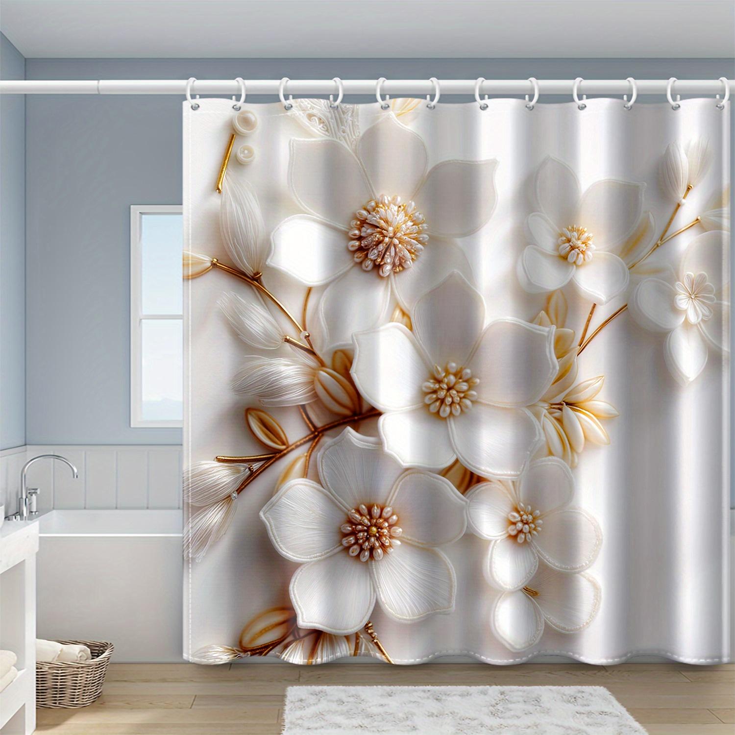 

1Pc White Floral Print Shower Curtain With White Background Polyester Fabric, Machine Washable, Suitable For Bathroom Decoration W60H190(CM)-1 Pcs