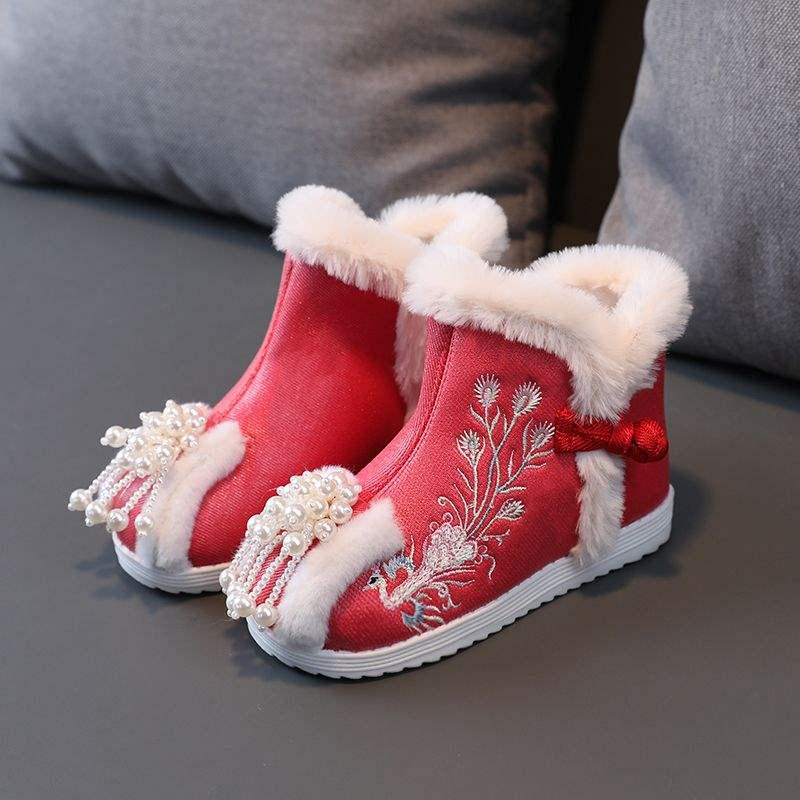 Cizme de Bumbac Căptușite cu Lână Hanfu pentru Copii - Stil Iarnă 2026, Pantofi Tradiționali Chinezești Brodați pentru Fete
