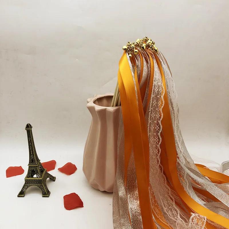 50pcs Satin Ribbon Wedding Wands Fairy Sticks With Gold Bell Pink Purple For Lawn Wedding Party Shower Decor Twirling Streamers