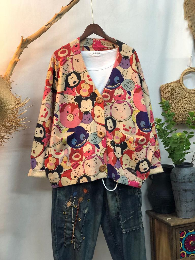 Factory new autumn and winter cute printed imitation mink velvet jacket women's Korean version loose lazy sweater