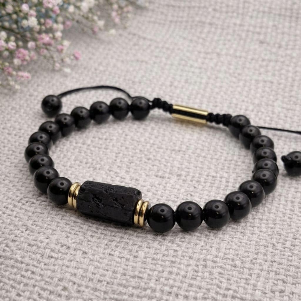 Tourmaline Obsidian Black Lucky Stone Bracelet On a String, Adjustable