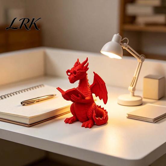 Reading Room Decorations 3D Printed Dragon Figurine, Cute Statue with Glasses Creative Desk Accessories Book, Fantasy Desktop Bookshelf Decor,