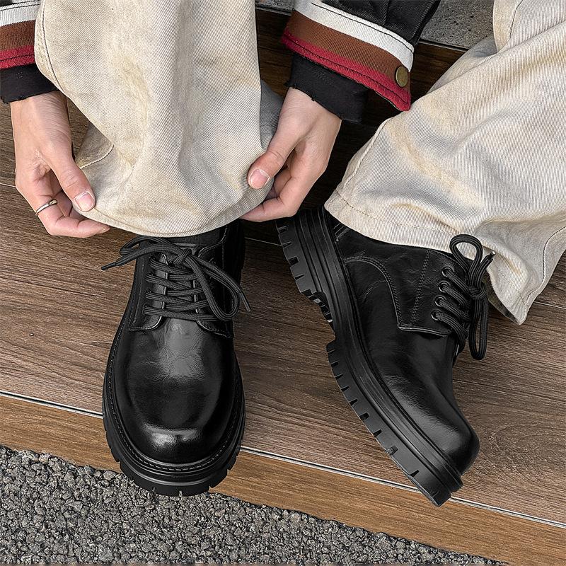 Nowe skórzane buty męskie wiosenno-jesienne biznesowe wizytowe duża głowa styl Hong Kong gruba podeszwa wewnętrzne zwiększenie wysokości brytyjskie 65225 czarne -J