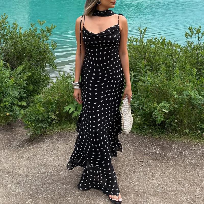 Spring new women s clothing, European and American dresses, elegant casual polka dot suspender dresses S чёрный