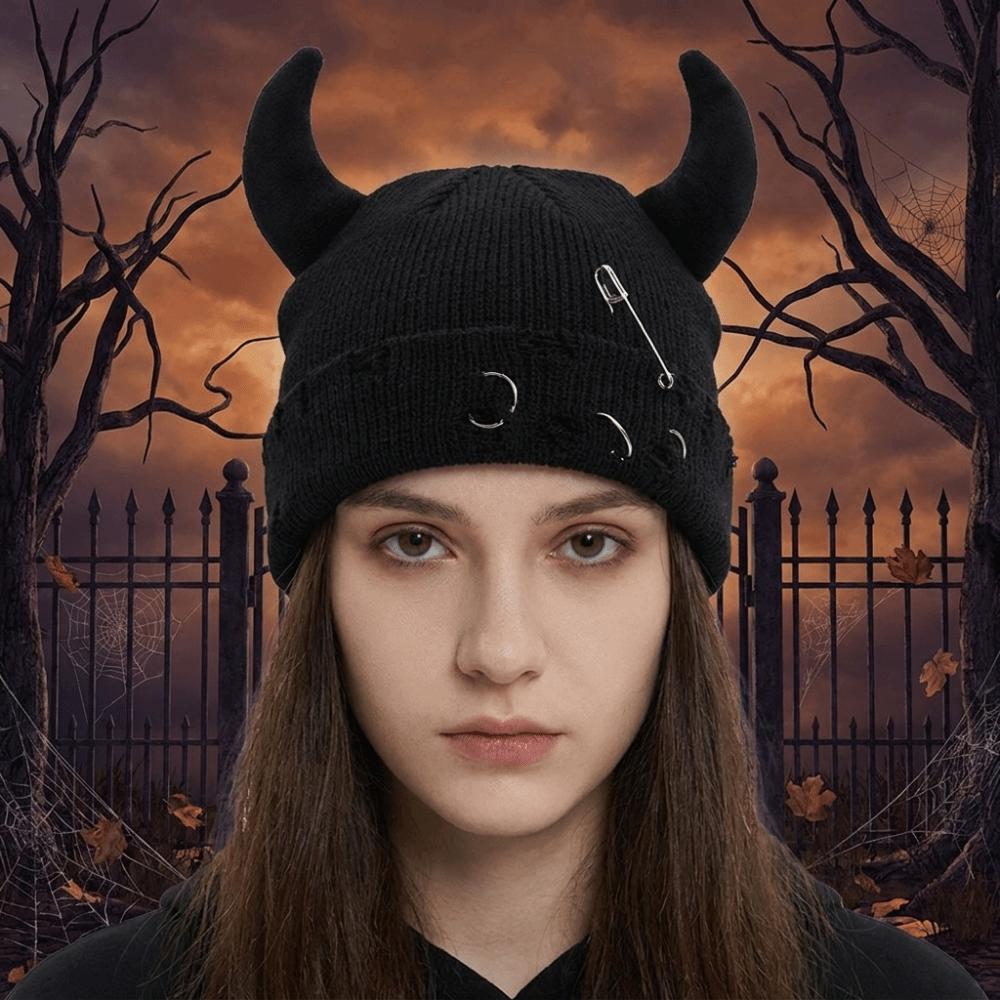 Yarn Winter Pullover Cap Solid Color Knitted Beanie Punk Devil Horns Hat Autumn/Winter