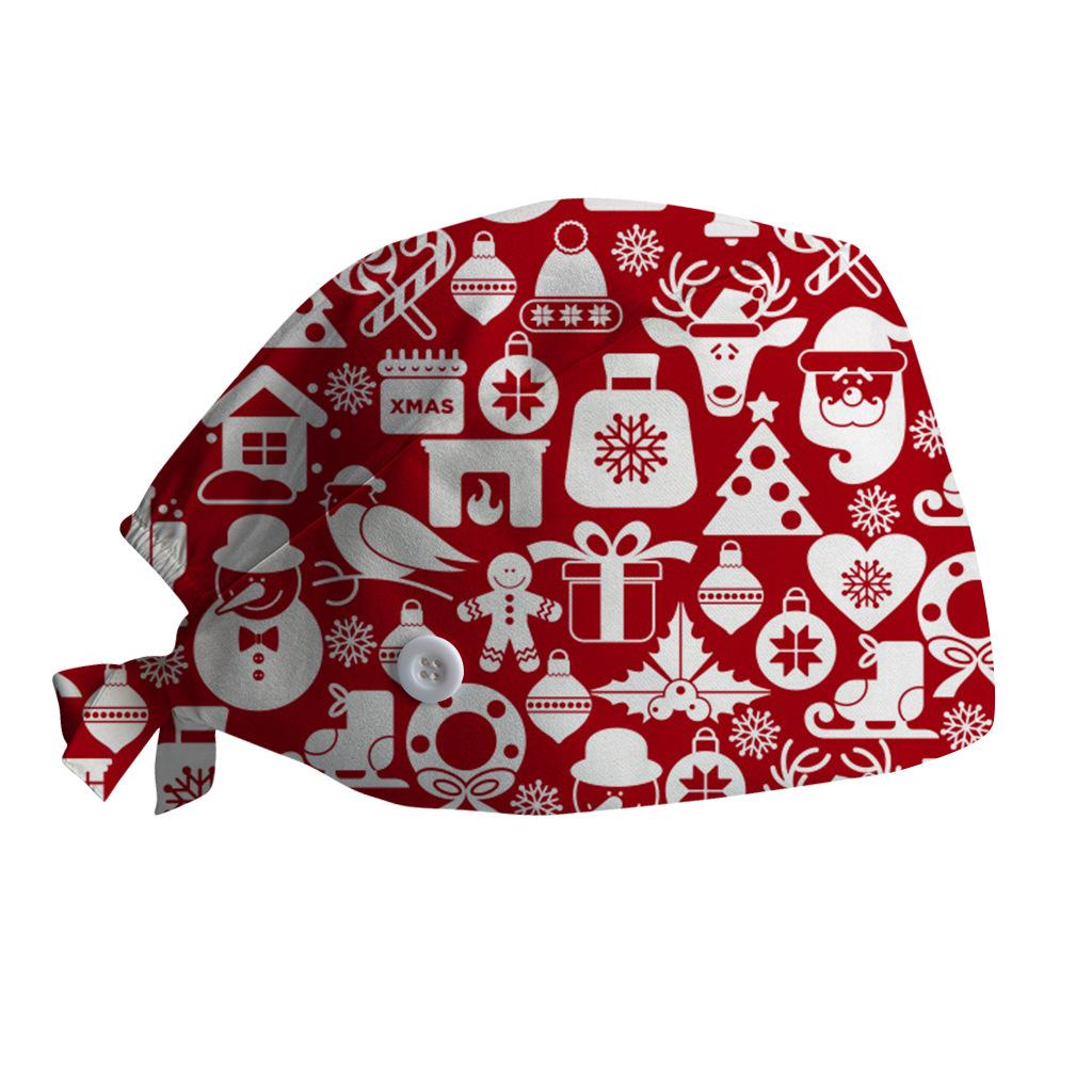 Surgical Cap with Adjustable Printed Christmas Theme Hat, Sweat Wicking Strip, Dust-proof Cloth Bag Head Cap, Doctor's Oral Cap, Nurse's Cap