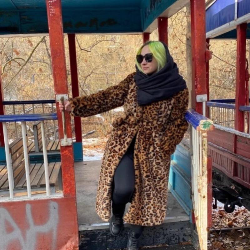 Long leopard print imitation fur jacket, women's belt loose fur coat, large size environmentally friendly fur top