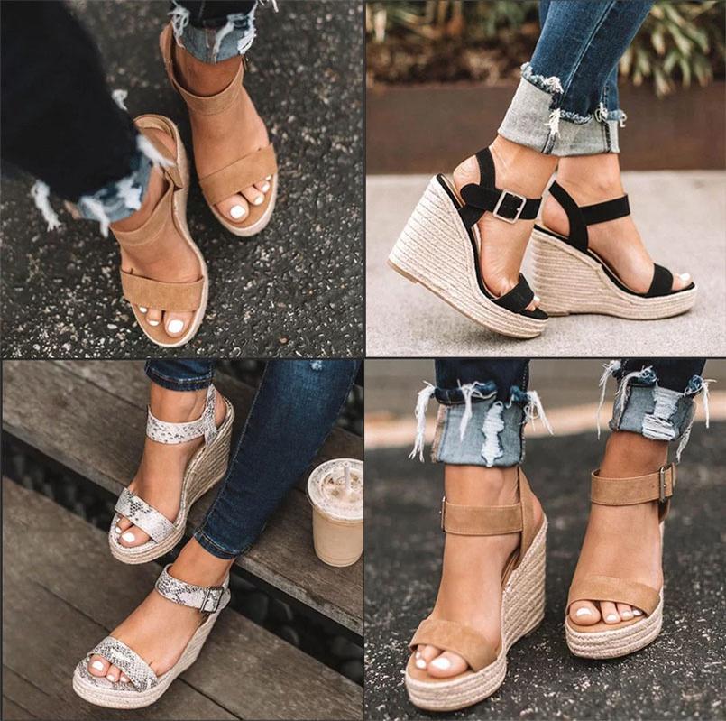 Elegant Summer Hemp Ladies Peep Toe Rope Wedge Sandals With Buckle Ankle Strap
