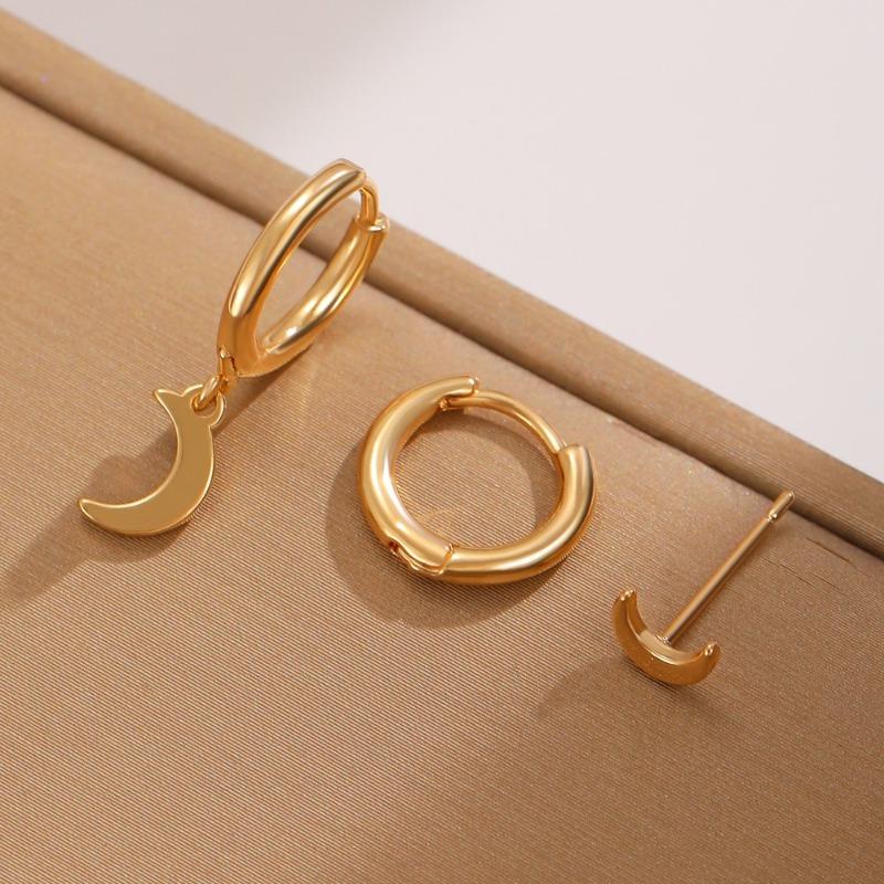 3pcs Set Personality Trendy Copper Plating 14K Gold Geometric Circle Star Moon Tassel Hoop Earrings for Women Jewelry Sets Gift