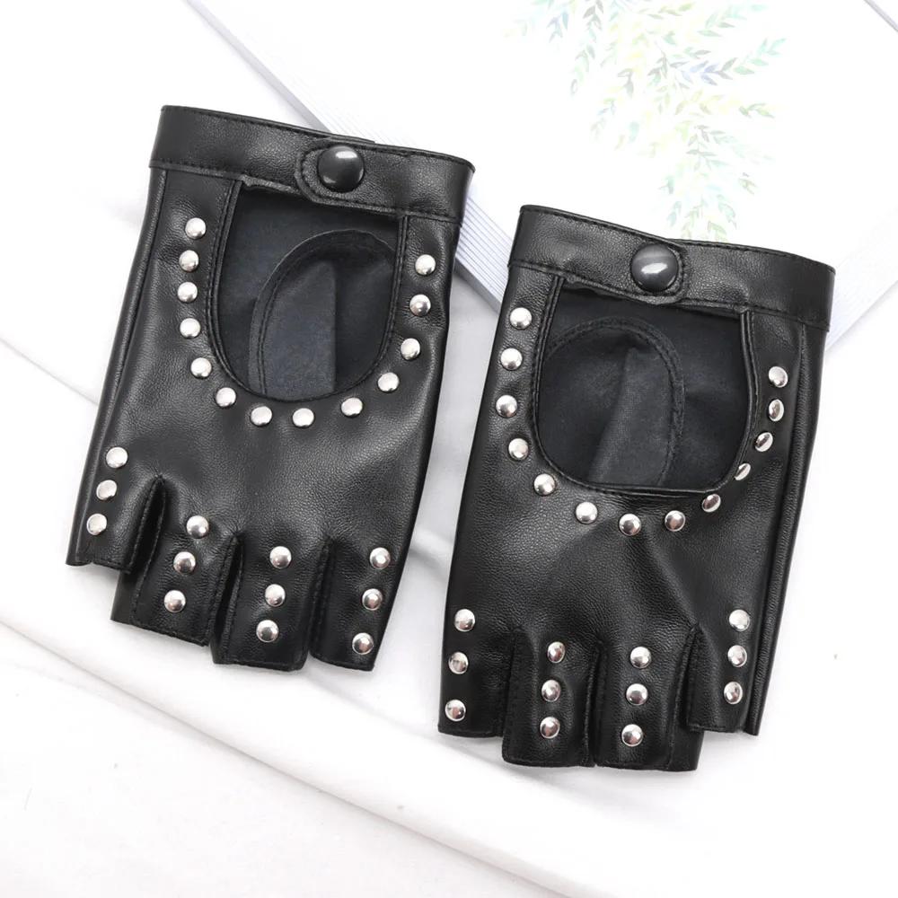 Czarne Gotyckie Rękawiczki Bez Palców z Nitami dla Kobiet Oddychające Rękawiczki Punk ze Skóry PU do Jazdy Halloween Klub Nocny Rękawiczki do Tańca