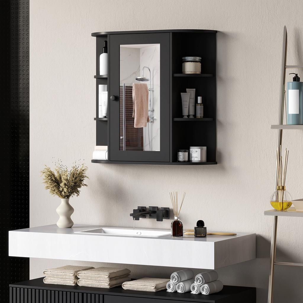 Bathroom Mirror Cabinet with 6 Open Shelves and 2 Closed, In Wood and Glass, 66x17x63 Cm, Black