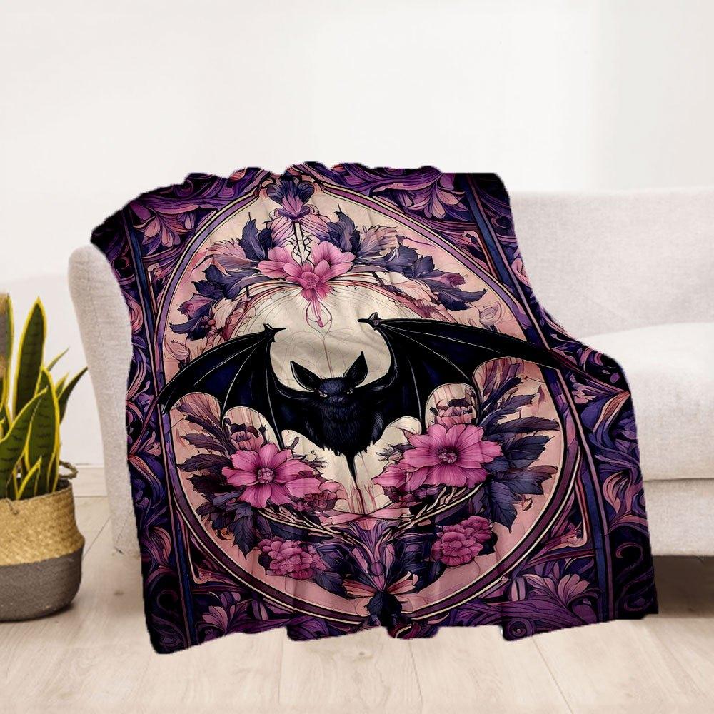 Gothic Bat & Floral Stained Glass Wall Art PrintBlanket Flannel Throw Blanket for Sofa, Bed, Travel, Camping, Office, Couch, Chair, And Bed