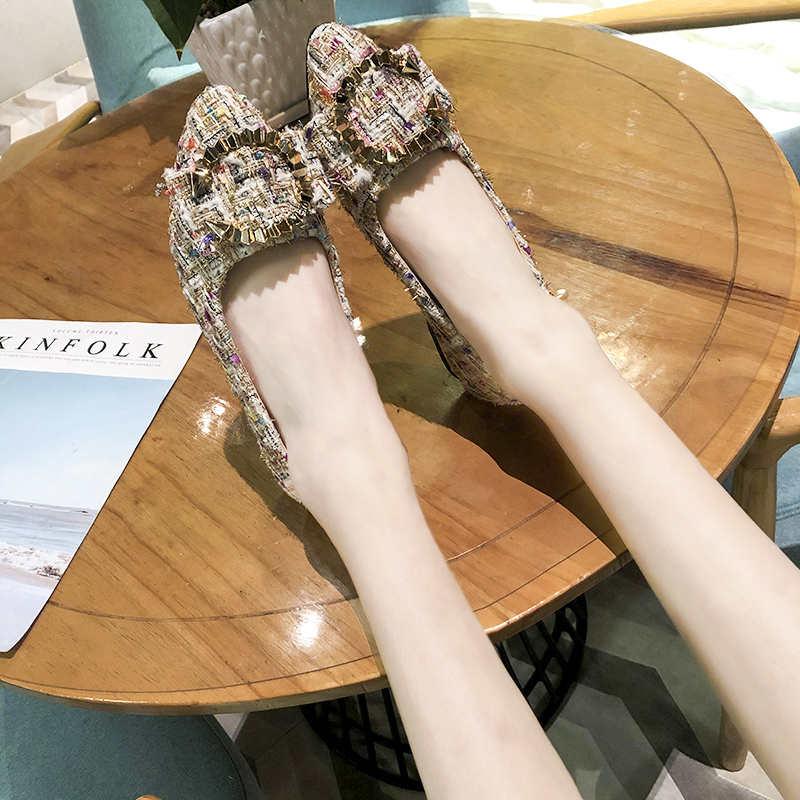Fashion Thick Heeled Women's Shoes 2024 New Fully Equipped Pointed Flat Shoes Houndstooth Metal Decoration Shallow Mouth Middle Heel