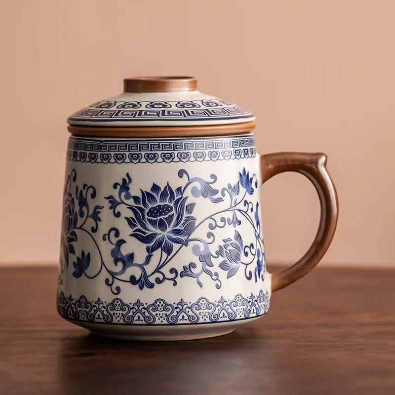Blue and White Ceramic Office Mug with Tea and Water Separation, Large Capacity.