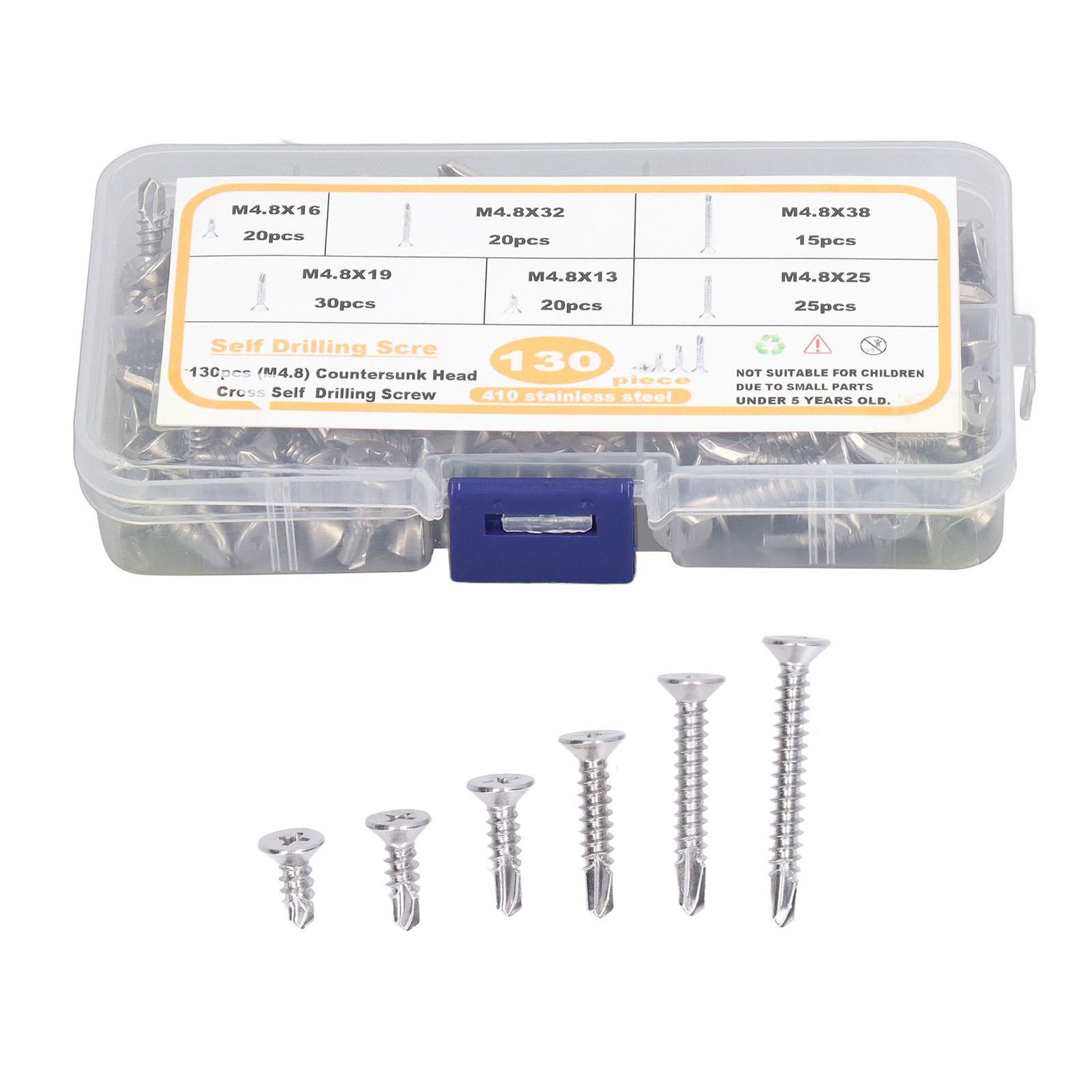 

130 шт. Винт с крестообразным шлицем и плоской головкой из нержавеющей стали M4.8 Саморезы с самосверлением, устойчивые к ржавчине, для стекловолокна