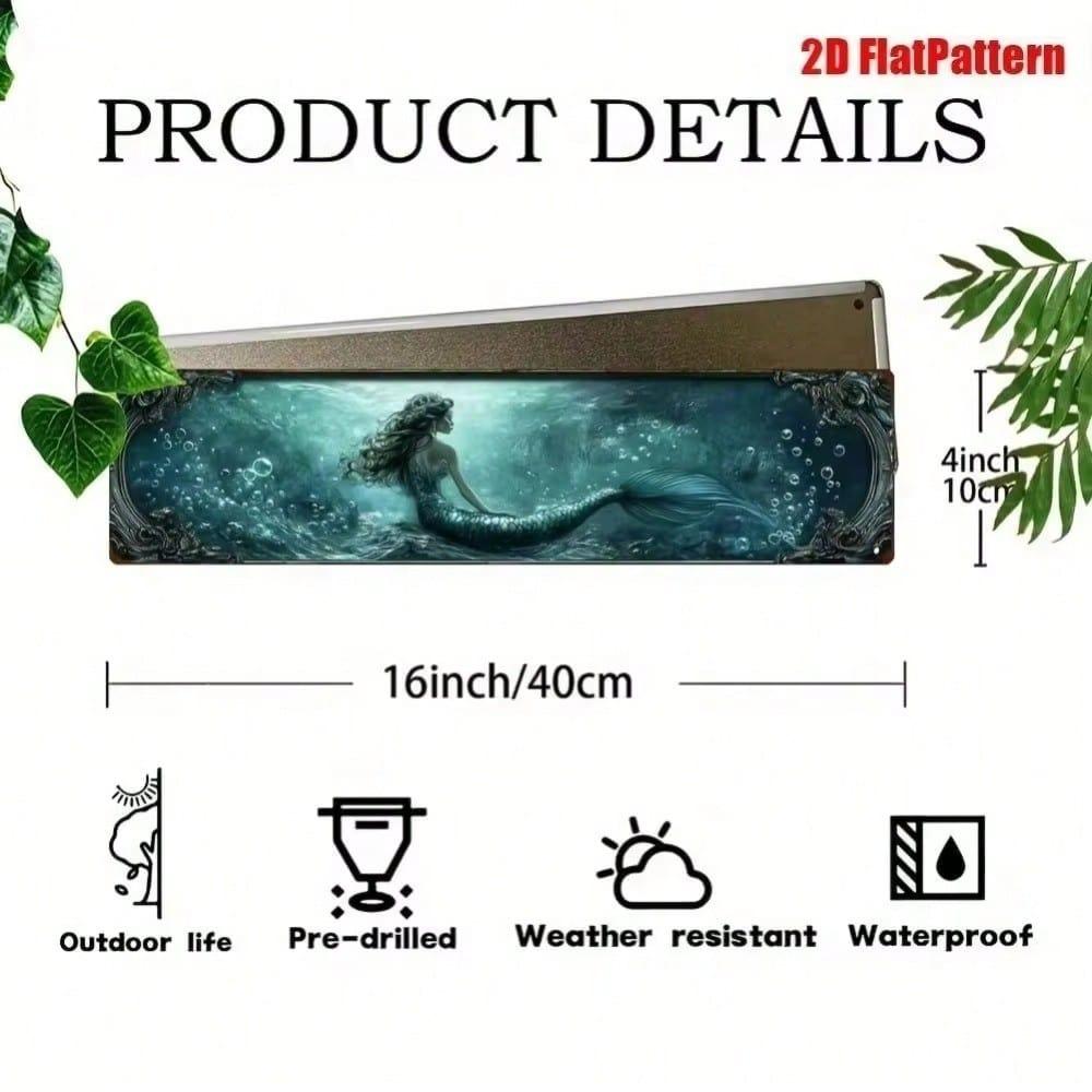 Retro Mermaid Seashell Metal Wall Sign, 3.94x15.74 Inch Flat Iron Decor, Vintage Rustic Coastal Art for Bathroom