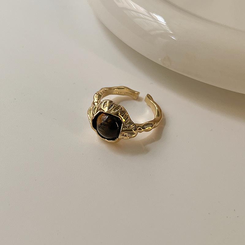 Retro Tiger's Eye Stone Finger Ring Brown Stone Rings for Women Opening Adjustable Gold Rings Jewelry Gifts