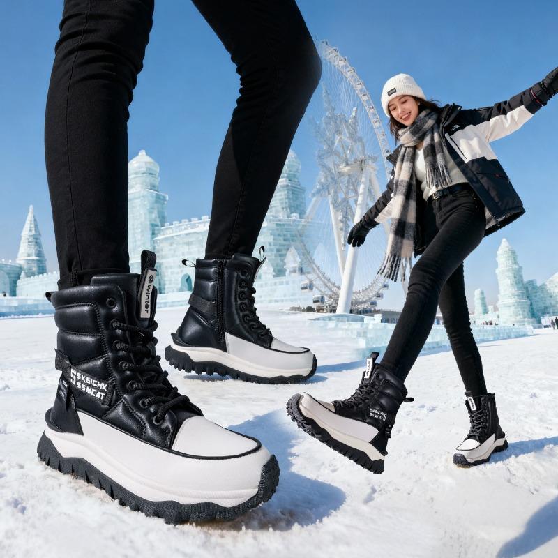 Non-slip thick-soled leather-faced large cotton shoes, women's velvet fashion cotton boots, warm and thickened winter snow boots