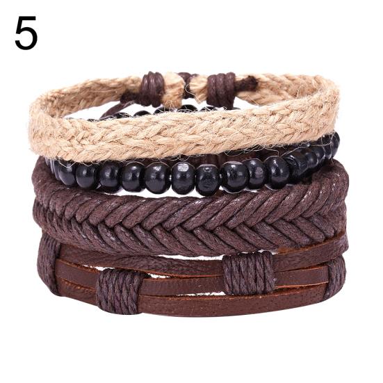 4Pcs/Set Vintage Men Mixed Style Braided Faux Leather Beaded Bracelet Bangle
