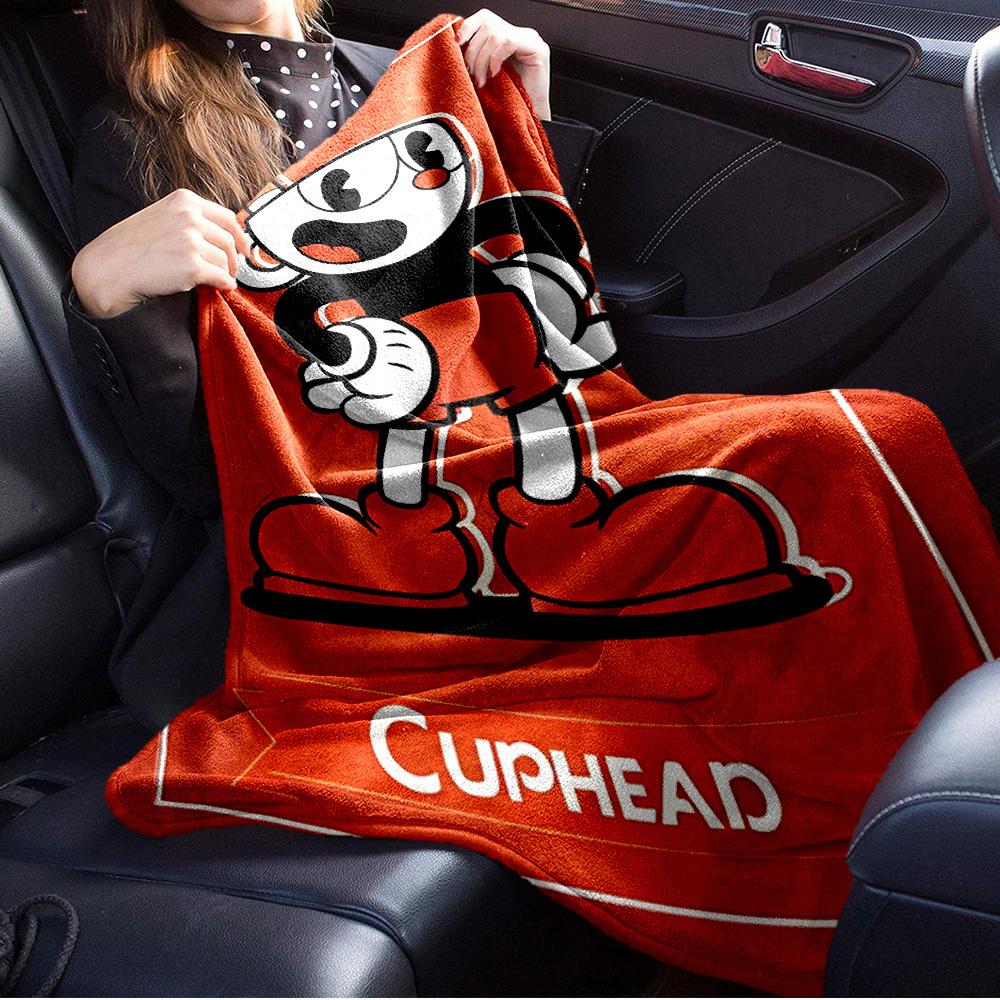 1pc Cuphead,Cartoon,Orange Flannel Blanket  Lightweight Soft for All Seasons, Ideal for Couch, Office, Bed, Travel, Camping  Throw