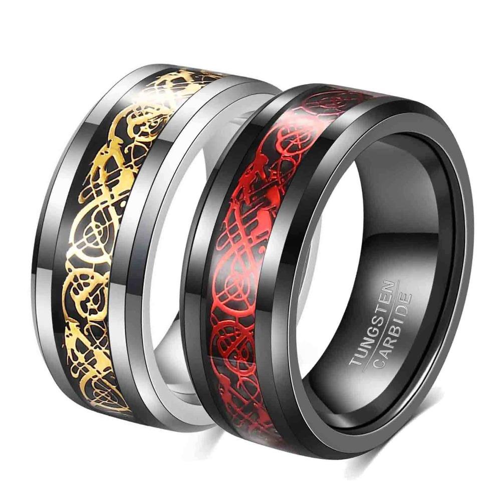 8MM Tungsten Steel Ring with Dragon Design Inlaid Stainless Steel Smooth Finish Mens Jewelry