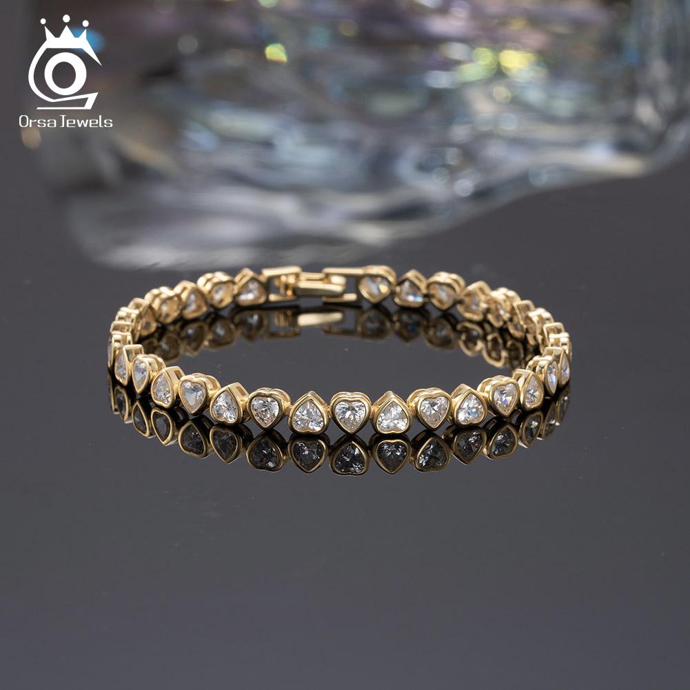 ORSA JEWELS Elegant 925 Sterling Silver Heart Cut 4A Zircon Tennis Bracelet for Women 14K Gold CZ Hand Chain Party Jewelry SB165