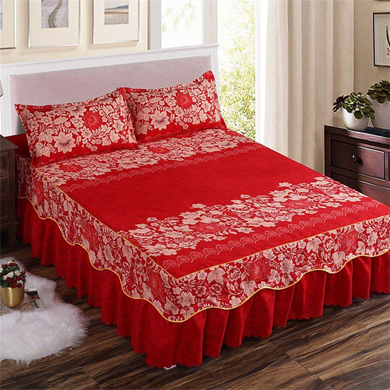 3PCS Bed Skirt Flower Printed Fitted Sheet Cover Home Graceful Bedspread Bed Linens Bedroom Decor Mattress Cover Pillowcase