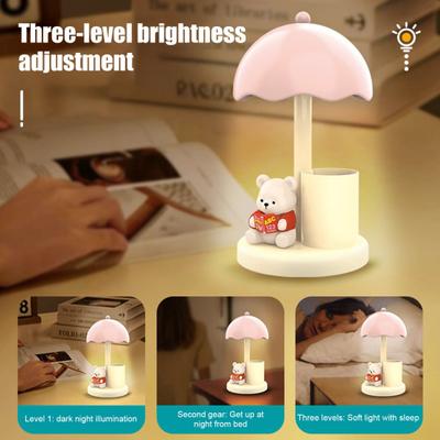 Nachtlicht 3 Helligkeitsstufen Einstellbar Weiches Warmes Licht USB Wiederaufladbar Bären Schreibtischlampe mit Stifthalter Schlaf Lern Dekor