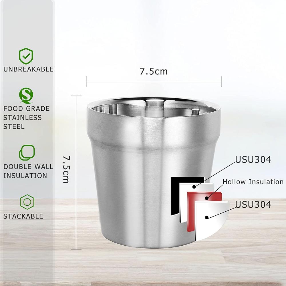 175ml Stainless Steel Double Walled Cups Stackable Set of 6 Coffee Cup Tea Chilling Beer Glasses for Home Travel Camping