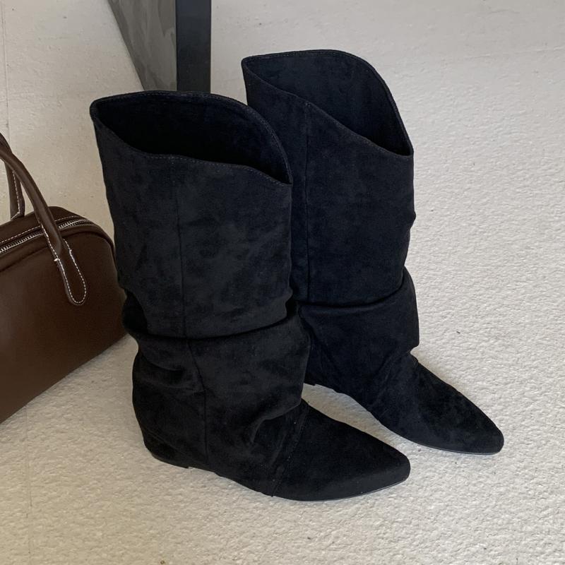 Fashion Flats Women High Boots Suede Pointed Toe Designer Shoes Winter Luxury Dress Woman 2025 New Fashion Sexy Chelsea Botas De Mujer