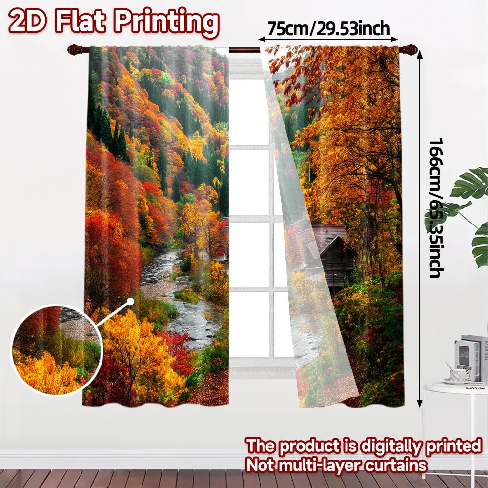 2pcs, 2D FLAT PRINTING Curtains (Without Rod) Autumn Pathway Chic Print Curtains Durable 100% Polyester Fabric Curtains Thermal