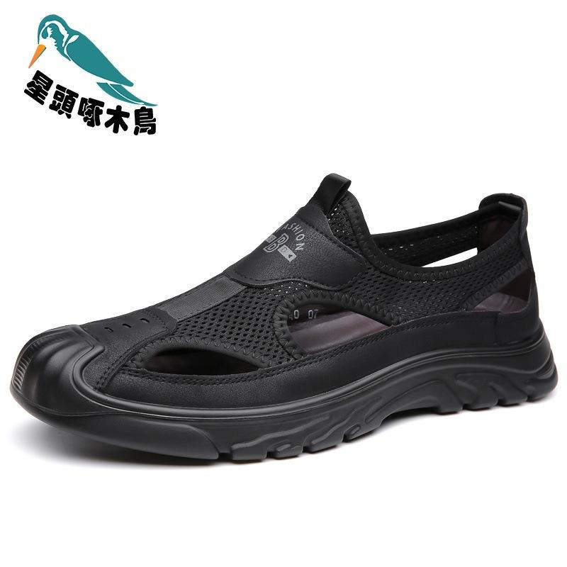 2025 summer new sandals men's leather breathable daily versatile casual shoes men's mesh engraved sandals