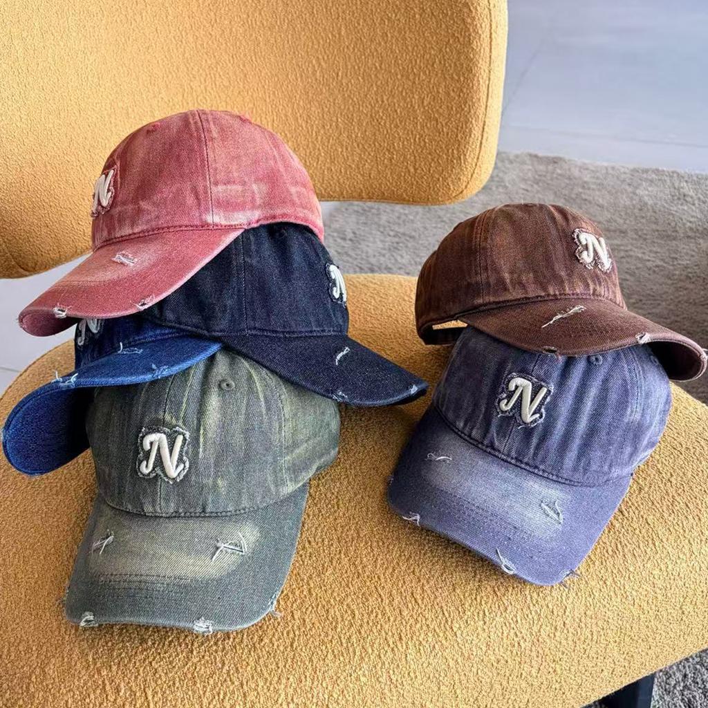 Vintage Washed Cotton Denim Baseball Cap For Men Women Embroidered Letter Duck Tongue Hat Punk Holes Adjustable Peaked Caps