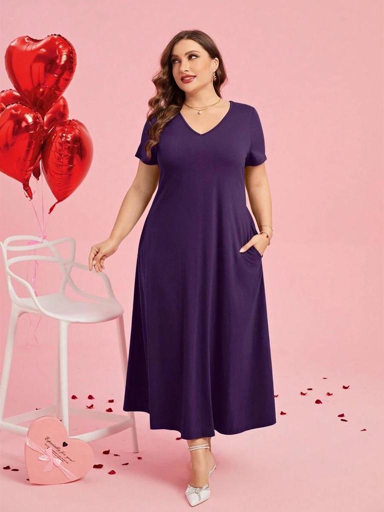 Plus Size V-neck Plain Women's Dress - European American Style
