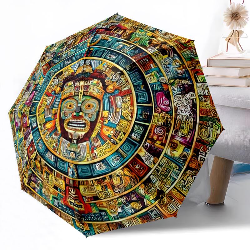 Aztekenkalender-Scheibe Outdoor Automatischer Regenschirm Kompakt 8-Rippen Leicht Langlebig Täglicher Begleiter Regenschirm Outdoor-Accessoire Stilvolles Geschenk für Frauen