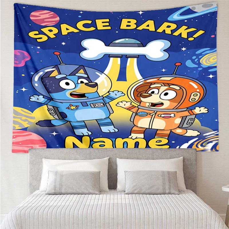 Custom Name Bluey Print Tapestry, Backdrop, Easy Setup, Ideal for Bedroom, Office & Living Room, with Aesthetic Wall Hanging Decor.