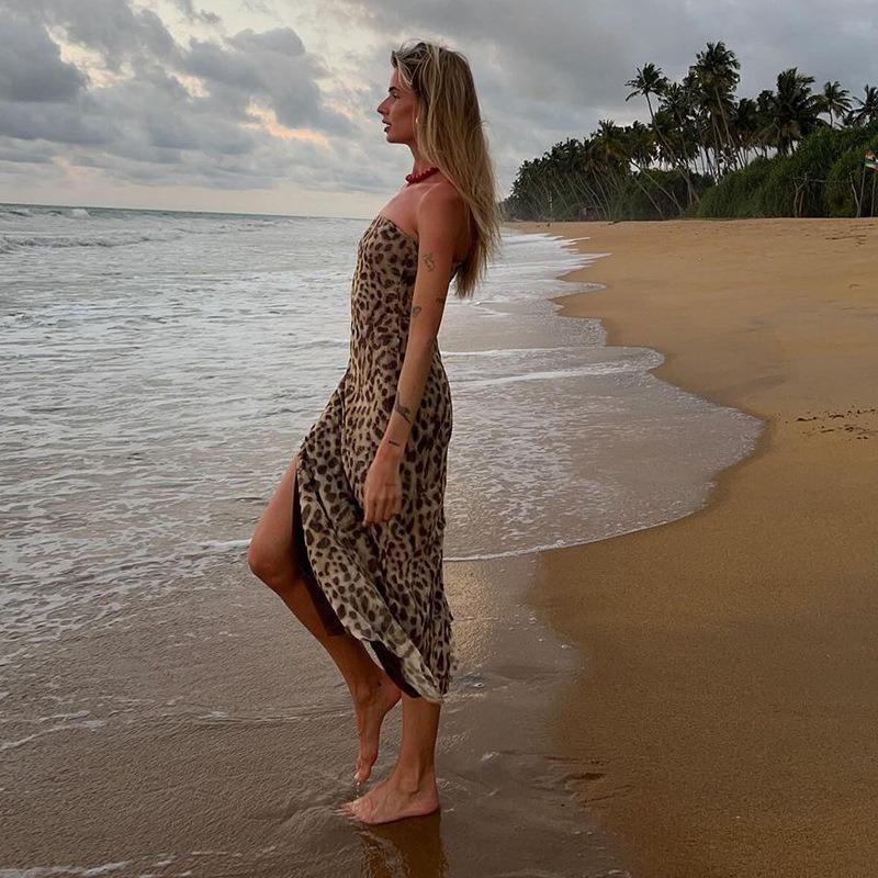 Women's Summer Leopard Print Sexy Strapless One Neck Side Slit Evening Dresses