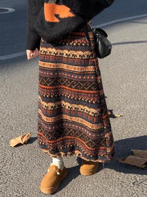 Retro Fair Isle Fleece Vrouwen Midi Lantaarnrok - Etnische Stijl, Trekkoord Zoom, Tweerichtings Draagbaar voor Herfst/Winter